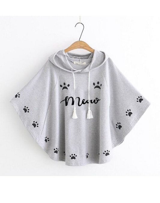 Grey Round Style Meow For women Printed Hooded Poncho