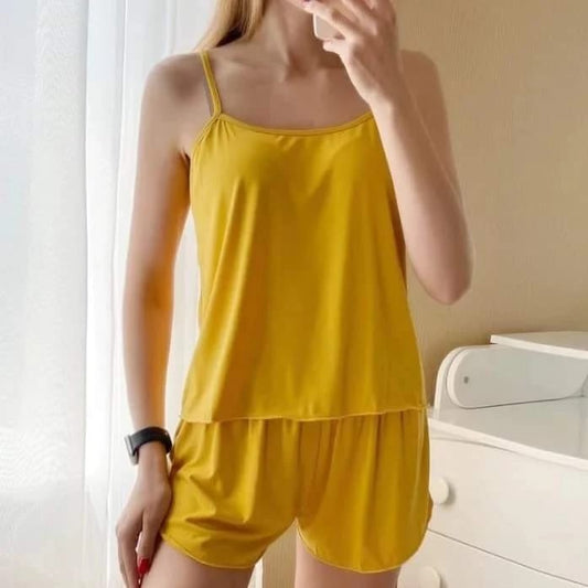 Yellow Women Sexy Satin Pajamas Sets Short Sling Top with Cami Shorts v