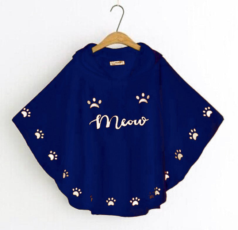Blue Round Style Meow For women Printed Hooded Poncho