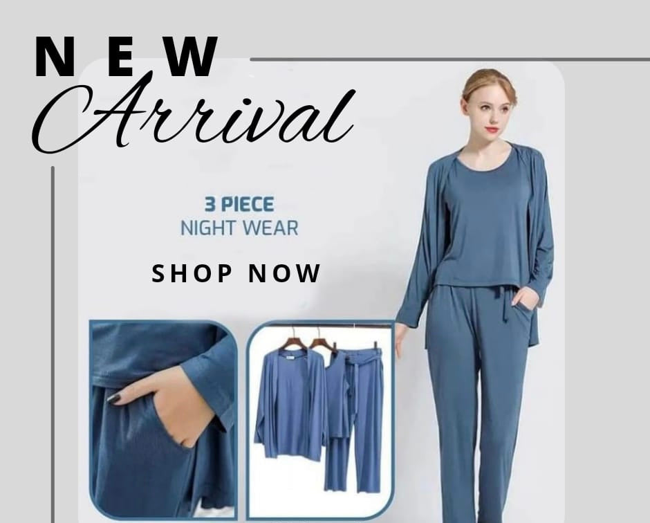 Blue Long Sleeve Women Night Suit PJ Set 3 Pieces