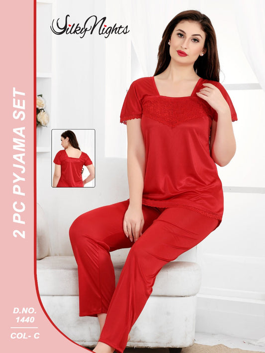 2 PCs PAYAJAMA SET - Red Love - Premium Silk