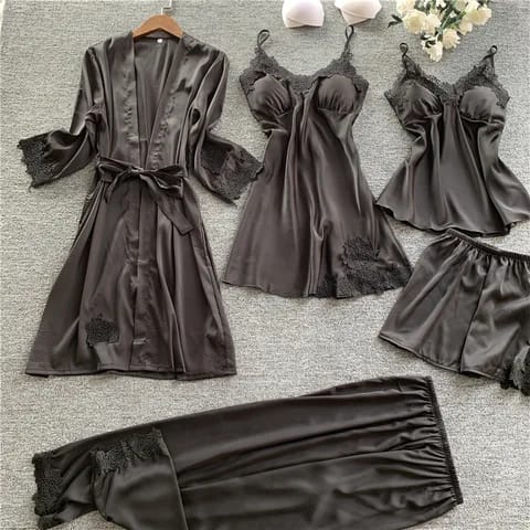 5 Piece Nightwear Shining Silk BLACK