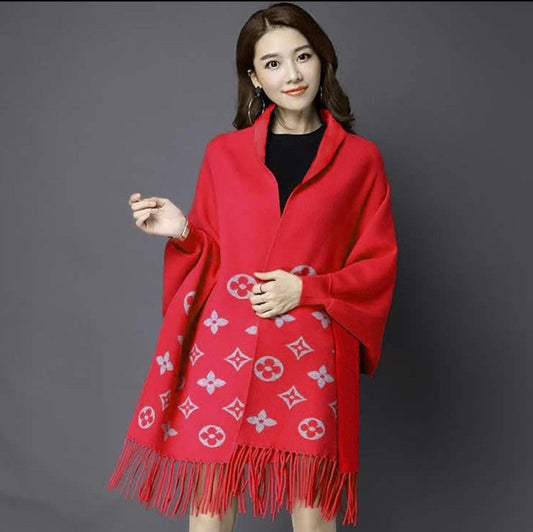 Women's Bat-Wing Style Printed Fleece Shawl RED
