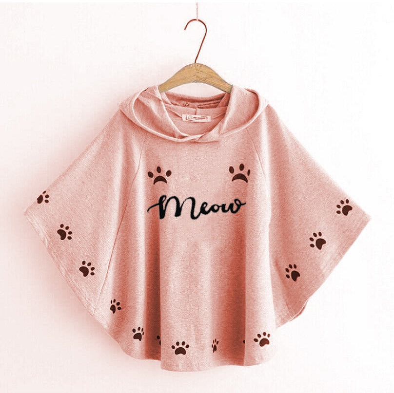 Pink Round Style Meow For women Printed Hooded Poncho